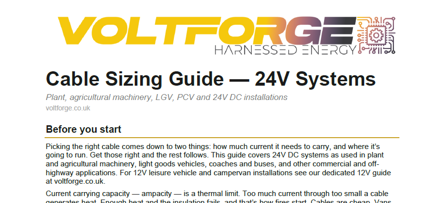 Voltforge Cable Sizing Guide — 24V Systems for plant, agricultural machinery, LGV and PCV applications