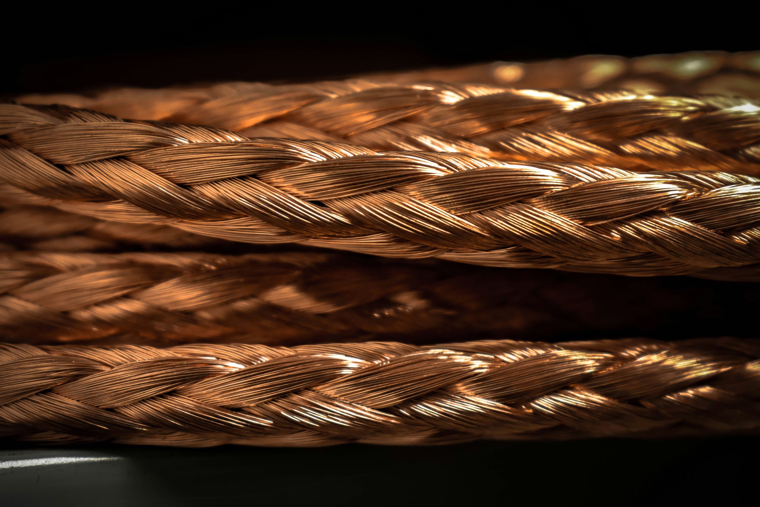 Close-up of fine-stranded copper conductor showing rope-lay construction — the kind of stranding used in Class 6 automotive and battery cable